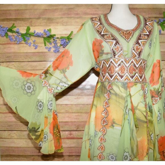 Middle East Arabian Green Floral Maxi Evening Dress Gown  XL 1X Sequin Ruffles - Picture 5 of 16